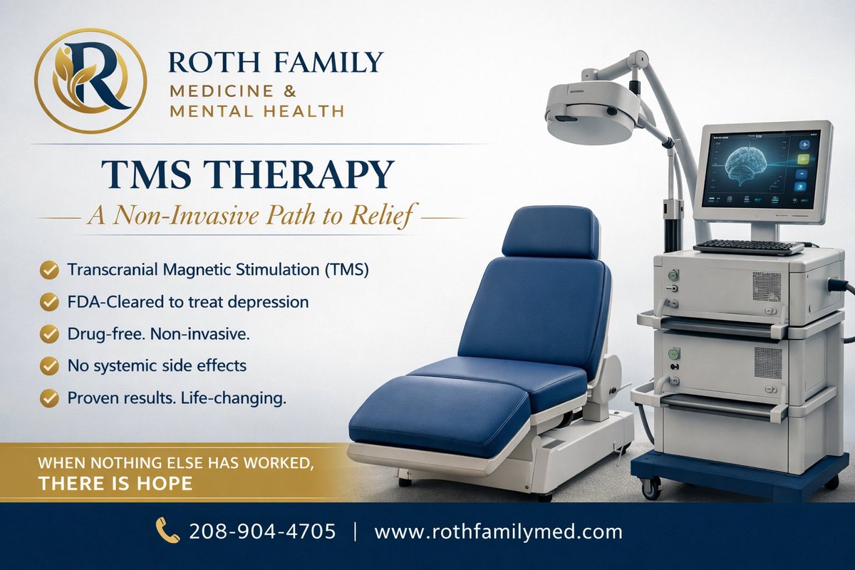 RothFamilyMed's tweet photo. Struggling with TRD? Transcranial Magnetic Stimulation (TMS) and Ketamine-Assisted Therapy (KAT) are available at our clinic. 

Many patients experience meaningful relief within days to weeks. 

Book a consultation now: https://t.co/D083qkYVf8 https://t.co/Tyucrpf2lw