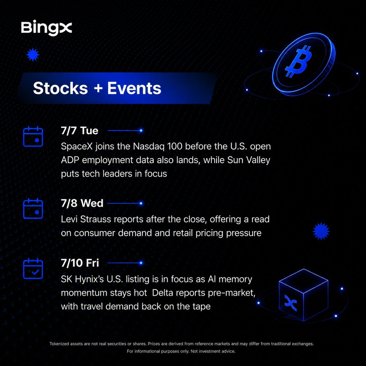 BingXOfficial's tweet photo. 📊 BingX TradFi Weekly Watch: Fed signals, jobs data, earnings, and index moves take center stage.

From SpaceX entering the Nasdaq 100 to FOMC minutes, key catalysts are lining up.

Which event moves markets most? 👇