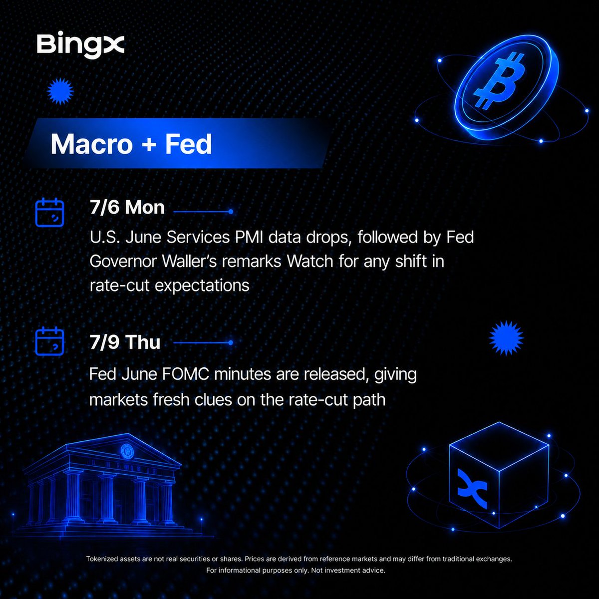 BingXOfficial's tweet photo. 📊 BingX TradFi Weekly Watch: Fed signals, jobs data, earnings, and index moves take center stage.

From SpaceX entering the Nasdaq 100 to FOMC minutes, key catalysts are lining up.

Which event moves markets most? 👇