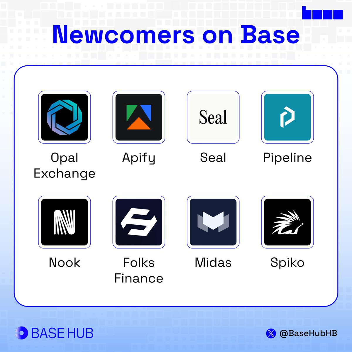 BaseHubHB's tweet photo. Newcomers on @base last week

1. @opal_dex - privacy perp DEX with Production V1 live, starting with invite-only trading before the Coinbase audit and deeper mainnet liquidity.

2. @apify - web automation marketplace with 20K+ Actors, now letting agents pay for tools with USDC through x402.

3. @heysealai - agent workflow app where users can create paid skills in natural language and earn when agents use them.

4. @PipelineMarkets - OTC token marketplace where founders can sell locked or vested tokens to buyers, with USDC settlement and token streams handled onchain.

5. @nook_platform - consumer yield app with $1B+ in user transactions, now letting users earn across @aave and @Morpho at the same time.

6. @FolksFinance - lending and borrowing protocol with billions in volume across hundreds of thousands of users.

7. @MidasRWA - tokenized investment platform with $500M+ TVL, bringing mGLO and composable onchain investment products to Base.

8. @Spiko_finance - tokenized treasury fund issuer with $2B AUM, now working with Coinbase for USDC and EURC access to regulated UCITS liquidity funds.