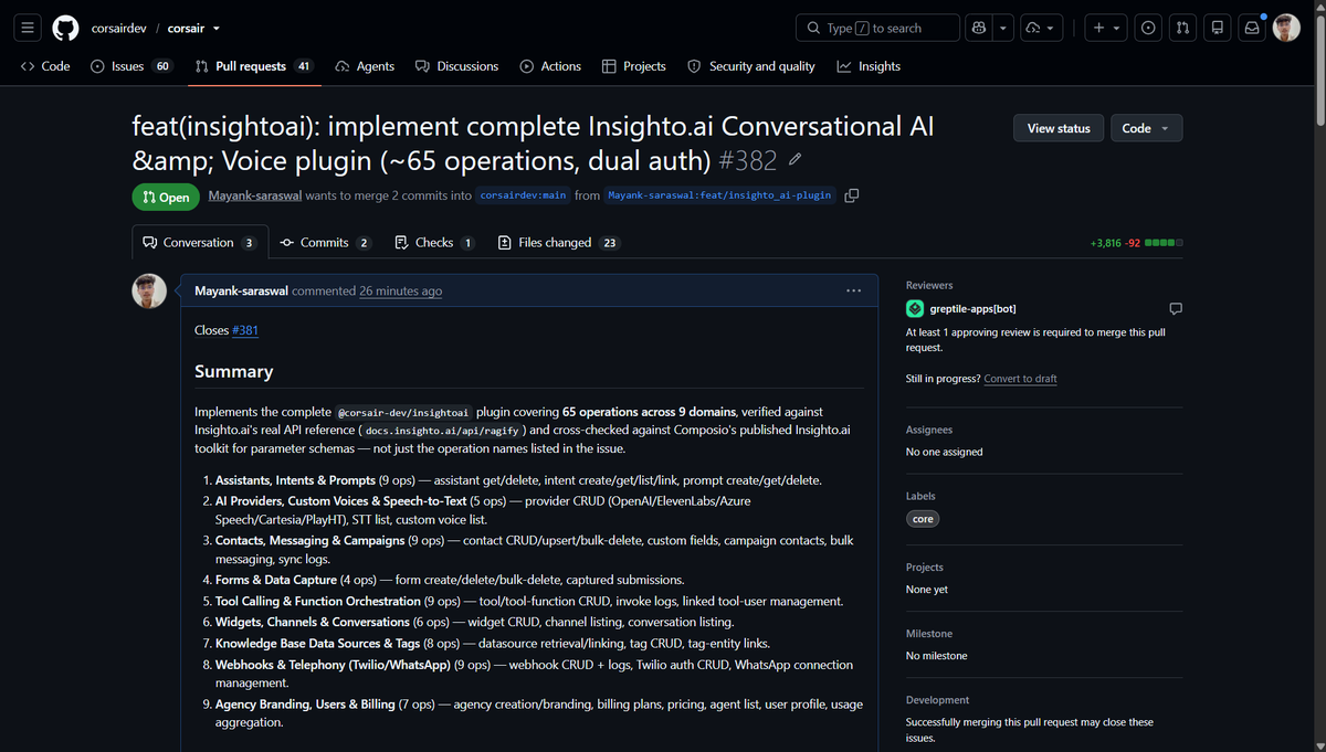MayankSaraswal's tweet photo. Just delivered the complete https://t.co/SwNIeeO3Jx integration for @corsairdotdev 
 65 API operations (9 domains) • AI Assistants • Voice Agents • WhatsApp • Twilio • Knowledge Bases • Tool Calling • Custom Voices • 3.8k+ LOC
PR #382  
#OpenSource #AI #BuildInPublic https://t.co/yiL4dT3MRd