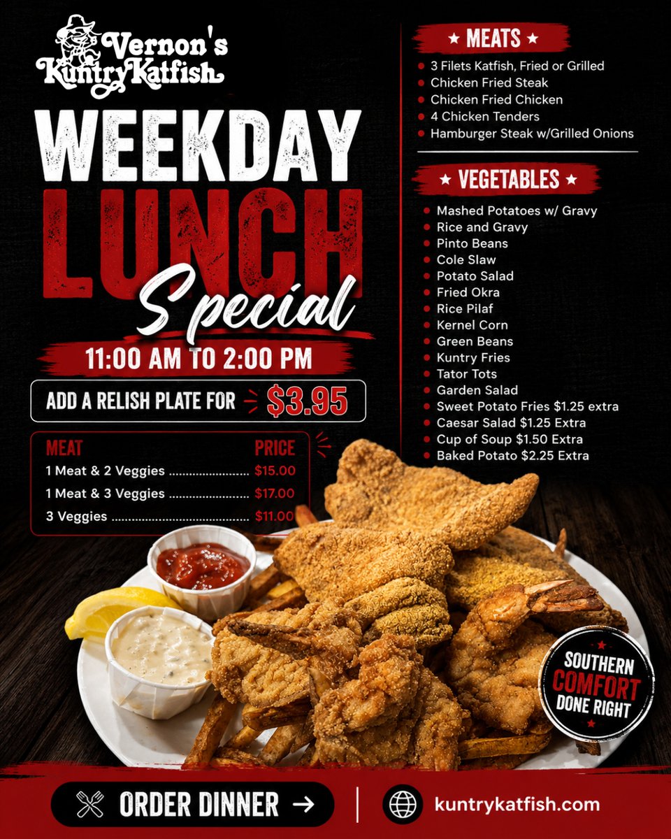 KuntryKatfish's tweet photo. 🍽️ Lunch made easy!
Our Weekday Lunch Special is served Monday through Friday from 11 AM to 2 PM. Choose your favorite meat, add fresh vegetables, and enjoy a Southern meal at a great value.
🌐 https://t.co/8q4IPKuhHy
#LunchSpecial #SouthernComfortFood #KuntryKatfish https://t.co/kjRsxiGv11