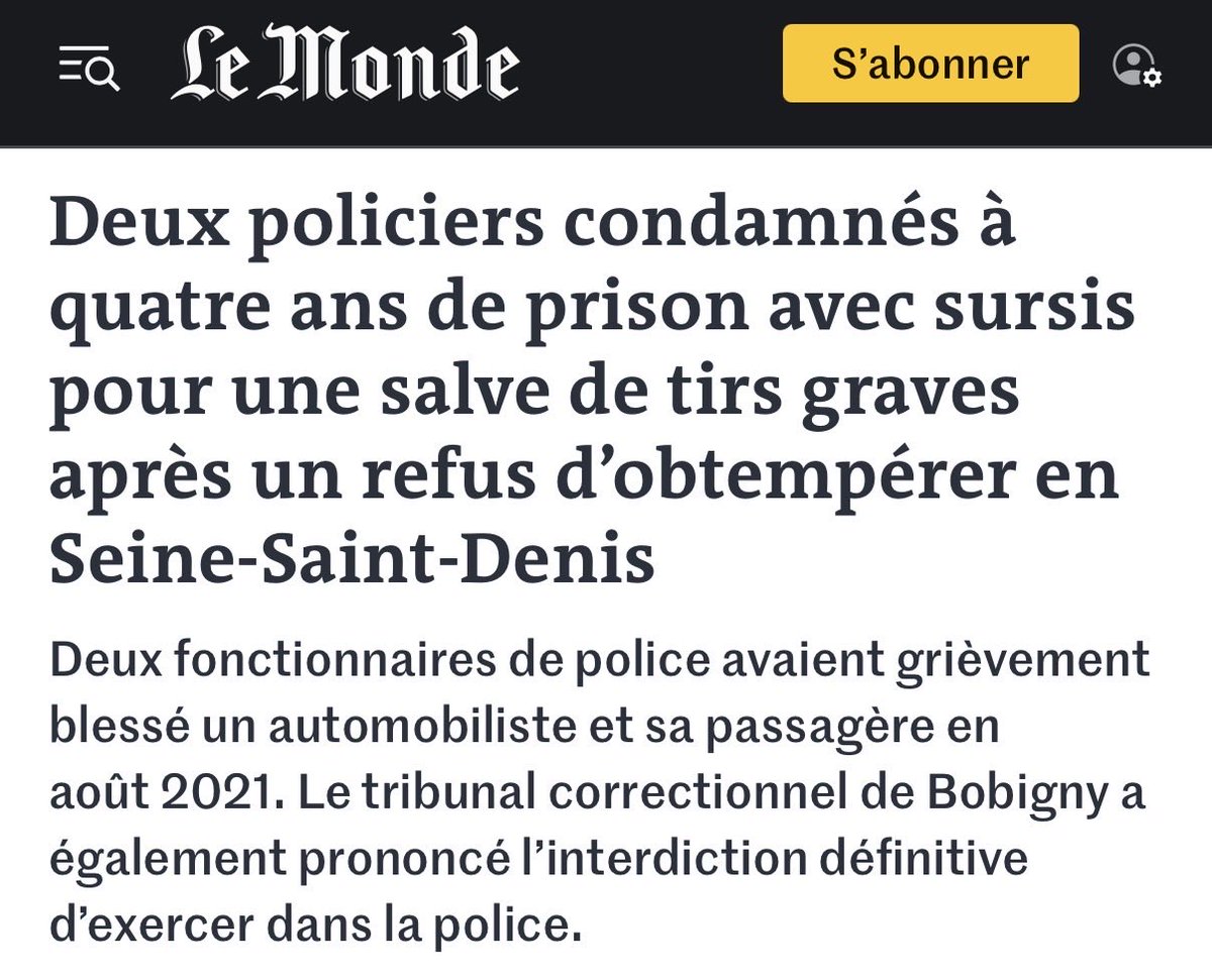 ManonAubryFr's tweet photo. À Stains, deux policiers de la BAC, en civil et dans une voiture banalisée, ont tiré 8 balles en 6 secondes après un refus d’obtempérer. Un automobiliste et sa passagère ont été grièvement blessés.

Après une enquête approfondie, le tribunal a conclu que les tirs étaient illégaux et disproportionnés.

Avec la loi de « présomption de légitime défense », la logique serait inversée : les policiers seraient présumés avoir agi légalement. Il reviendrait alors aux victimes de renverser cette présomption, rendant l’enquête et la manifestation de la vérité bien plus difficiles.

C’est un danger majeur pour l’État de droit.

La Défenseure des droits, le Syndicat de la magistrature, le Syndicat des avocats de France et le Conseil de l’Ordre des avocats de Paris s’opposent à ce texte.

Le texte doit être abandonné.