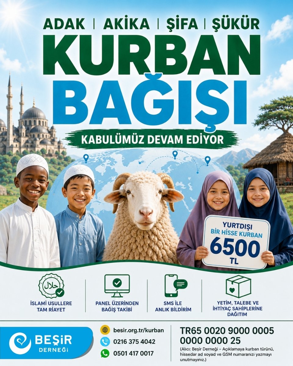 Besirdernegi's tweet photo. Muharrem Ayı’nın bereketini kardeşlerimizle paylaşıyoruz! 🌙

Beşir Derneği olarak Muharrem Ayı Kurban Organizasyonu kapsamında; Adak, Akika, Şükür ve Şifa kurbanlarınızı yurt dışındaki ihtiyaç sahiplerine, yetimlere ve talebelere güvenle ulaştırıyoruz. 

Yurt Dışı Bir Hisse Bedeli: 6.500 ₺

✅ İslami Usullere Göre Kesim
✅ SMS ile Bildirim
✅ Bağış Sertifikası
✅ Kesim Sertifikası

Siz de kurban bağışınızla yüzlerde tebessüm olabilirsiniz.

💳 Banka Hesap Bilgilerimiz:
TR65 0020 9000 0005 0000 0000 25
(Lütfen açıklama kısmına: Hissedar Adı | GSM No | Kurban Türü yazmayı unutmayınız.)

🌐 Online Bağış ve Detaylı Bilgi İçin: https://t.co/ZBfJY6z3uM

📞 İletişim: 0216 375 40 42

#MuharremAyı #KurbanBağışı #Adak #Akika #ŞükürKurbanı #ŞifaKurbanı