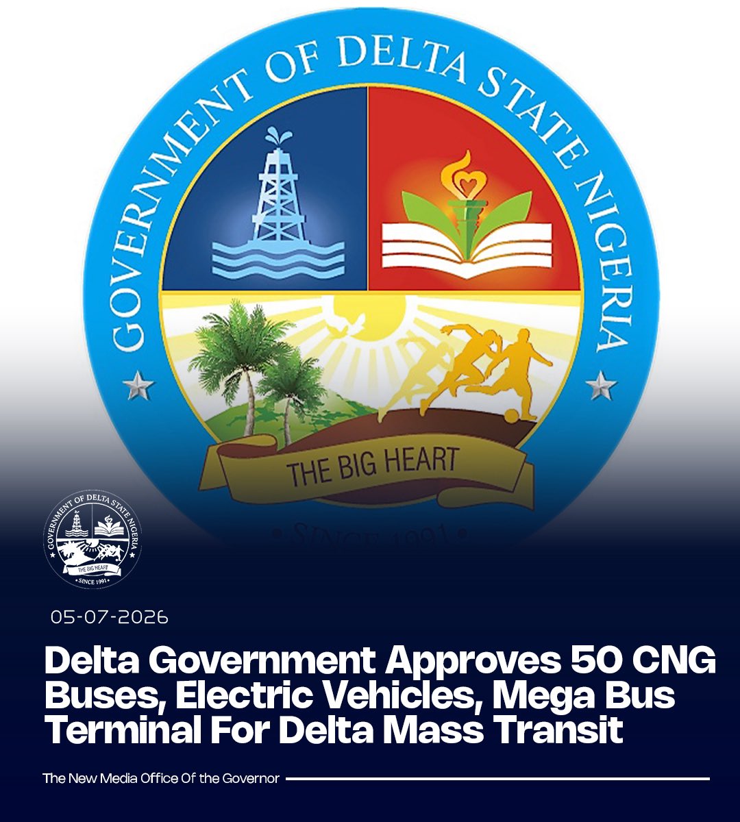 DSGovernment's tweet photo. The Delta State Government has approved the purchase of 50 Compressed Natural Gas (CNG) buses, the acquisition of electric vehicles and the construction of a mega bus terminal in Asaba to improve public transportation across the state.

The approvals, granted by the State Executive Council (EXCO) on Friday, will strengthen the MORE Mass Transit Scheme with safer, more affordable and efficient transportation, while promoting cleaner mobility through the introduction of electric vehicles.

EXCO also approved the development of a modern bus terminal in Asaba to serve as the hub of the state’s mass transit system, with a similar facility planned for Warri.