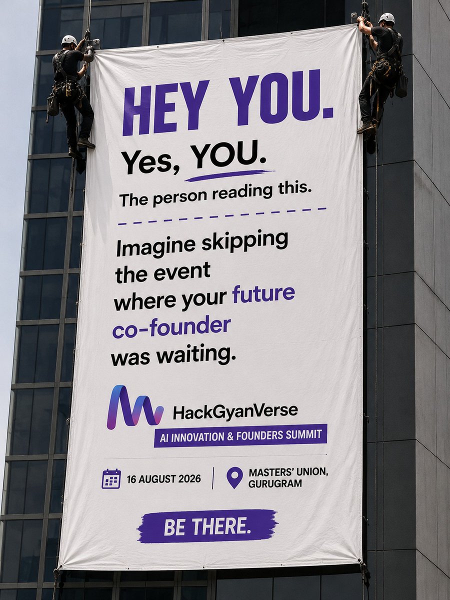 HackGyanVerse16's tweet photo. HEY YOU. 👋

Don't skip the event where your future co-founder is waiting. Join the HackGyanVerse AI Innovation &amp; Founders Summit! 🚀

🗓️ 16 Aug 2026 
📍 Masters’ Union, Gurugram

Join for Updates: https://t.co/dgkDi1kgen

#HackGyanVerse #AI #Founders #Gurugram #Startups https://t.co/qsaKhyqqNh