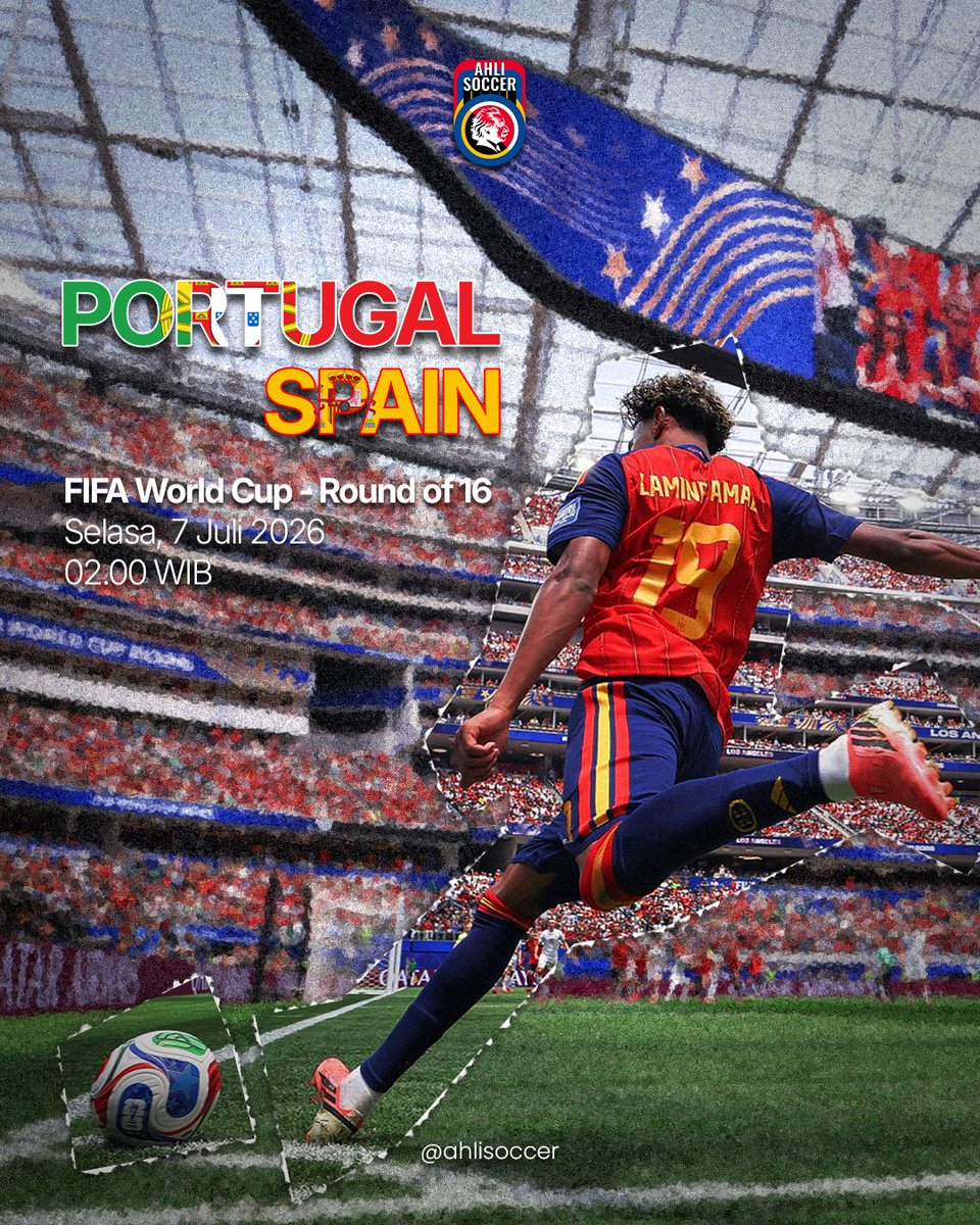 ahlisoccer's tweet photo. Fix, alarm harus diset dari SEKARANG! ⏰☕

Super Big Match! #FIFAWorldCup Round of 16:
🇵🇹 Portugal vs 🇪🇸 Spanyol
7 Juli 2026 | 02.00 WIB
adu gengsi, adu taktik, dan adu mental!

Win or go home! Tidak ada ruang untuk kesalahan malam ini. So, siapa yang bakal melangkah ke perempat final, dan siapa yang angkat koper malam ini? 🇵🇹 atau 🇪🇸?