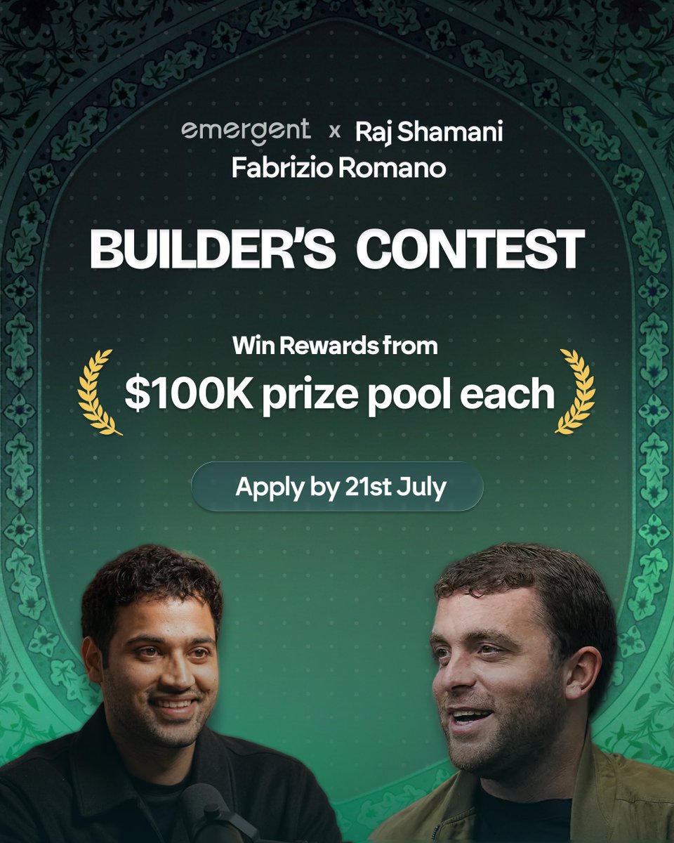 emergentlabs's tweet photo. The Builder's Contest is live with Raj Shamani and Fabrizio Romano.

Make businesses AI-native and win from a $100K prize pool each. Apply by July 21. https://t.co/8w6Cew3w2m