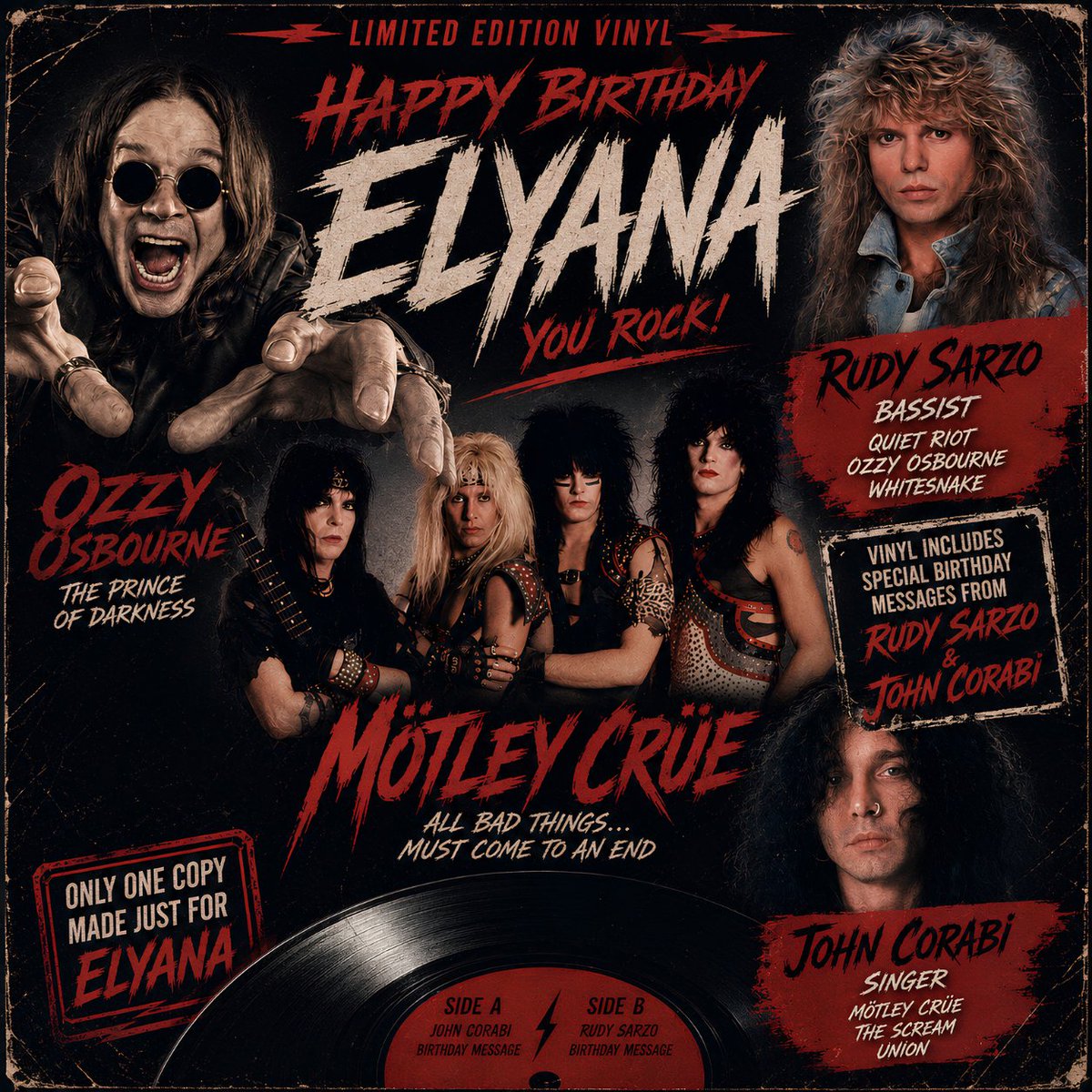 DanielleSc97049's tweet photo. @NikkiSixx I know this is a long shot, but I wanted to share the birthday gift I’ve spent weeks making for my friend who’s your biggest fan. I’ve even got John Corabi and Rudy Sarzo recording birthday messages for a custom vinyl. If you ever had 10 seconds for a “Happy 14th Birthday Elyana,” it would make her year. Thank you for all the music.