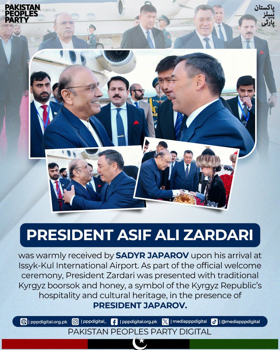 mediapppdigital's tweet photo. President Asif Ali Zardari was warmly received by Sadyr Japarov upon his arrival at Issyk-Kul International Airport. As part of the official welcome ceremony, President Zardari was presented with traditional Kyrgyz boorsok and honey, a symbol of the Kyrgyz Republic’s hospitality and cultural heritage, in the presence of President Japarov.