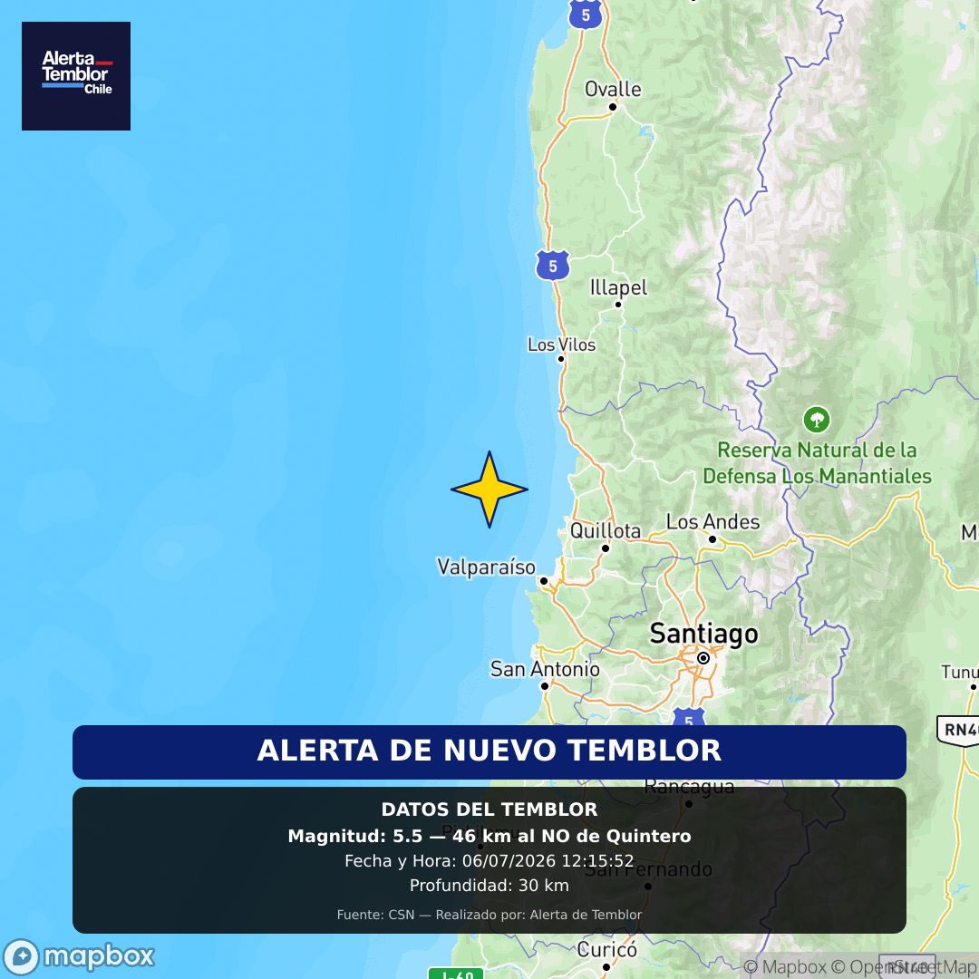 ALERTADETEMBLOR's tweet photo. INFORMACIÓN TEMBLOR de Magnitud 5.5 se registró este día 06/07/2026 12:15:52. El epicentro se ubicó a 46 km al NO de Quintero, y tuvo una profundidad de 30 km.

Fuente: #CSN https://t.co/sHIM5PgqzK
Realizado y automatizado por @alertadetemblor https://t.co/0vuJ5bCqAr