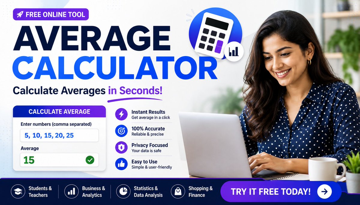 bulkseosolution's tweet photo. 📊 Need a fast Average Calculator?

Calculate the average (mean) of grades, scores, expenses, sales, business data, and more in seconds. Accurate, free, and easy to use on any device.

🔗 https://t.co/XlQV7Ryn2t

#AverageCalculator #MeanCalculator #OnlineTools #MathTools https://t.co/3HSosZjNCI