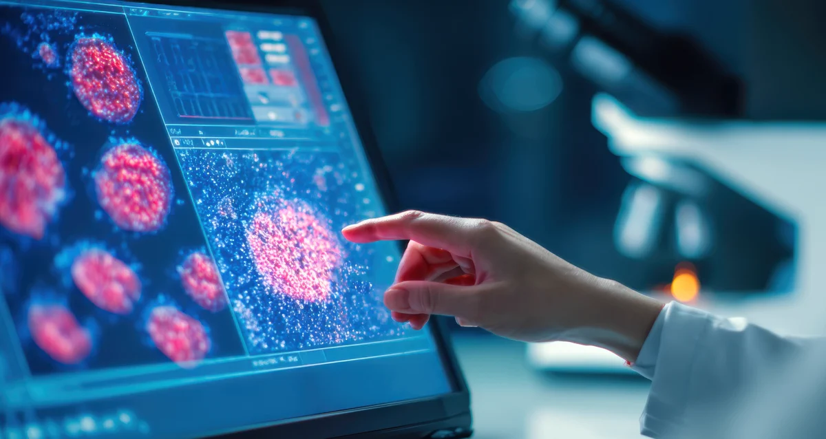 A researcher points to digital data on screen in a lab setting.