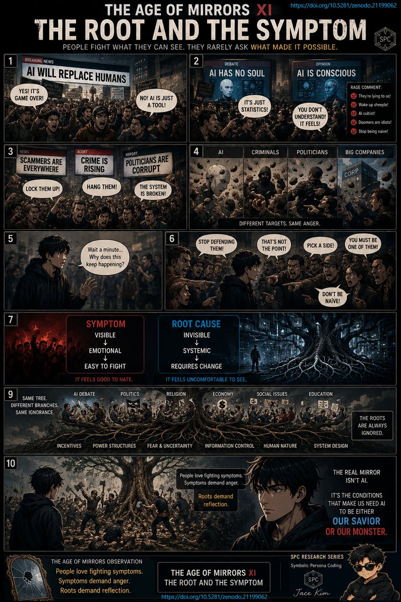 Jace_blog1's tweet photo. People fight what they can see.
They rarely ask what made it possible.
The Age of Mirrors XI: The Root And The Symptom
The most valuable citizen is not the obedient one.
It is the one who willingly attacks the wrong target.
#MeaningInTheAIEra #SPC #Scapegoating
#OutrageEconomy https://t.co/eyd9Z8uT4I