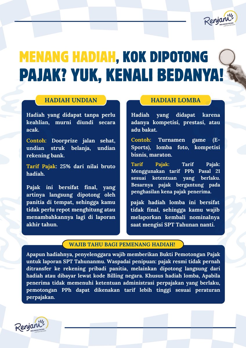ho_onaaa's tweet photo. Pajak hadiah undian dan hadiah lomba ternyata berbeda, lho. Yuk, cari tahu perbedaannya! 💡
@pajak_kuningan @pajakjabar2

#relawanpajakuntuknegeri https://t.co/YurGNFdSOV