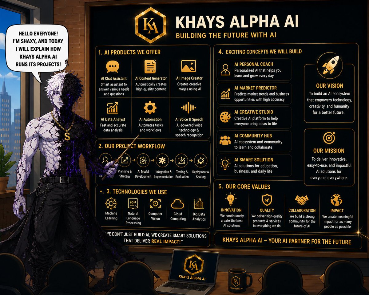 Myshaxy's tweet photo. Today, Shaxy takes the stage to explain what makes @KhaysAlpha different.

@KhaysAlpha isn't just building AI tools, it's creating an ecosystem where intelligent solutions solve real world problems,

-AI Products From AI Chat Assistants and Content Generation to Image Creation, Data Analytics, Workflow Automation, and Voice AI, every product is designed to improve productivity and unlock new possibilities.

-How We Build Every project starts with research and strategy, followed by AI model development, seamless integration, rigorous testing, and scalable deployment. Quality is never an afterthought, it's part of every step.

The Vision The roadmap goes beyond today's products. @KhaysAlpha is working toward AI Personal Coaches, Market Intelligence, Creative AI Studios, Community Hubs, and smart solutions that empower both businesses and individuals.
Innovation, collaboration, and real-world impact are at the heart of everything we build.