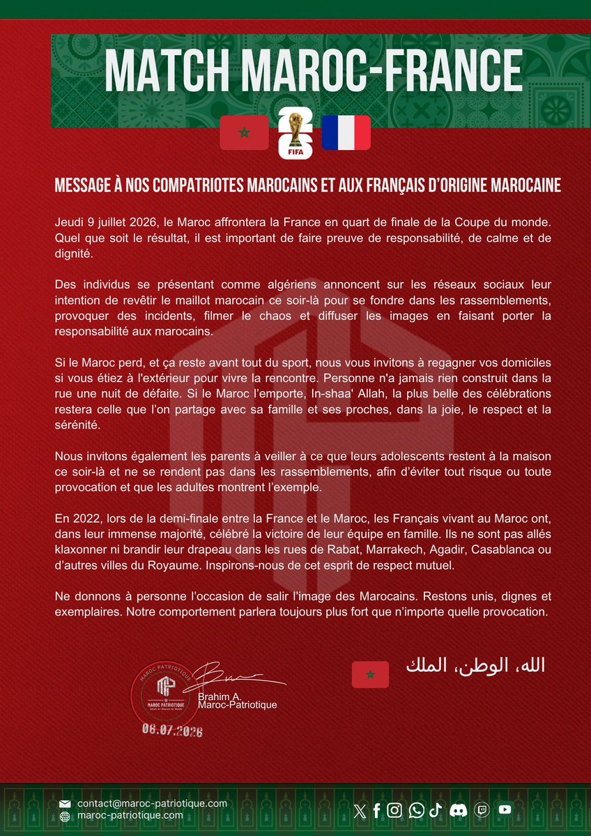 MarPatriotique's tweet photo. 📢 Maroc Patriotique adresse un message important à l'ensemble de la communauté marocaine avant le quart de finale du 9 juillet. 🇲🇦⚽️🇫🇷

#Maroc #France #Football @AmbaMarocFrance @MAP_Information @AmbMarocBeLux https://t.co/Uw0G4eK3Zp