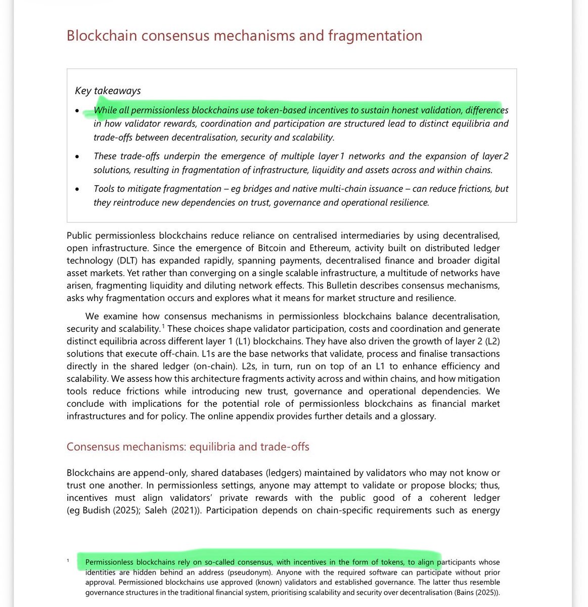 Vet_X0's tweet photo. Very bad research by the BIS.

Not all blockchains rely on token incentives for consensus on public permissionless chains.

Incentives are not the secret sauce to solve the double spend problem.

The XRP Ledger has no token incentives and has all attributes of good consensus. https://t.co/YmWZJfcPj7