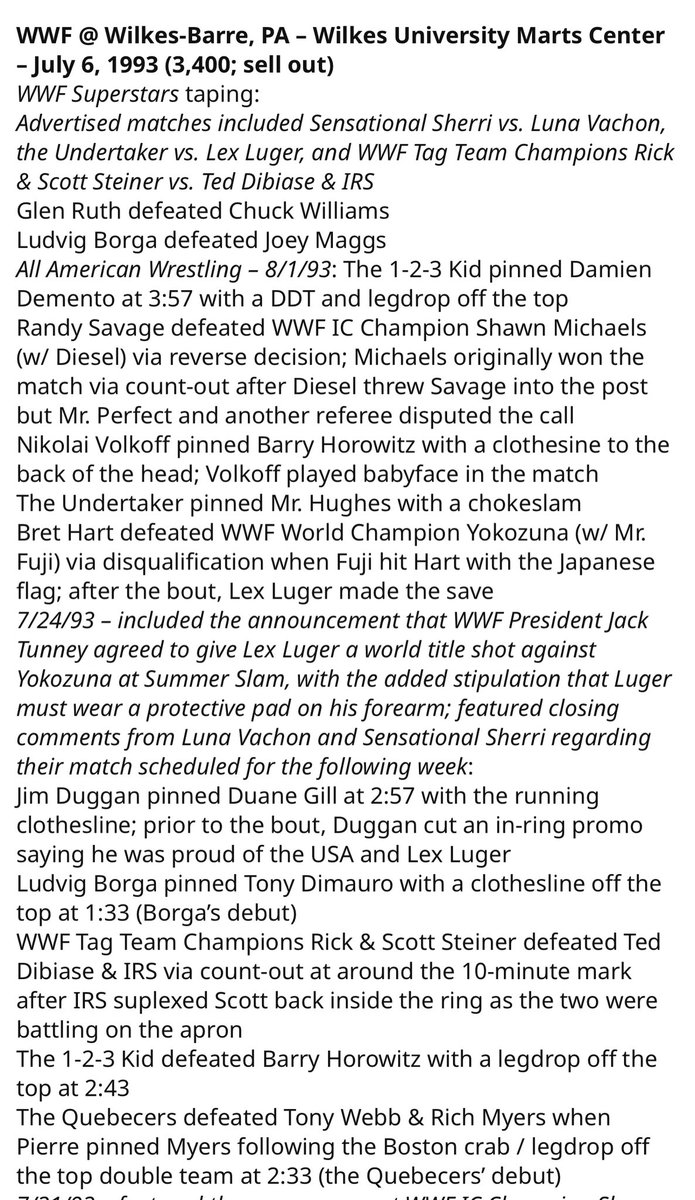 mikeVSphilly's tweet photo. Today in 1993 I went to a WWF Superstars taping that had the debut of the Quebecers and the last WWF appearance for Tito and Sherri. Also saw Shawn vs. Macho in a dark match and took this photo. https://t.co/cO0BgWlbnG