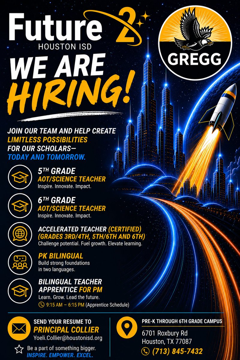 dr_cesaralvarez's tweet photo. We are still looking for amazing teachers to join our Future 2 @Gregg Family. If interested reach out to Principal Yoeli Collier with your resume to Yoeli.Collier@houstonisd.org. 
@CollierYoeli @HoustonISD @GreggFuture2 https://t.co/rdxPWVA0JC