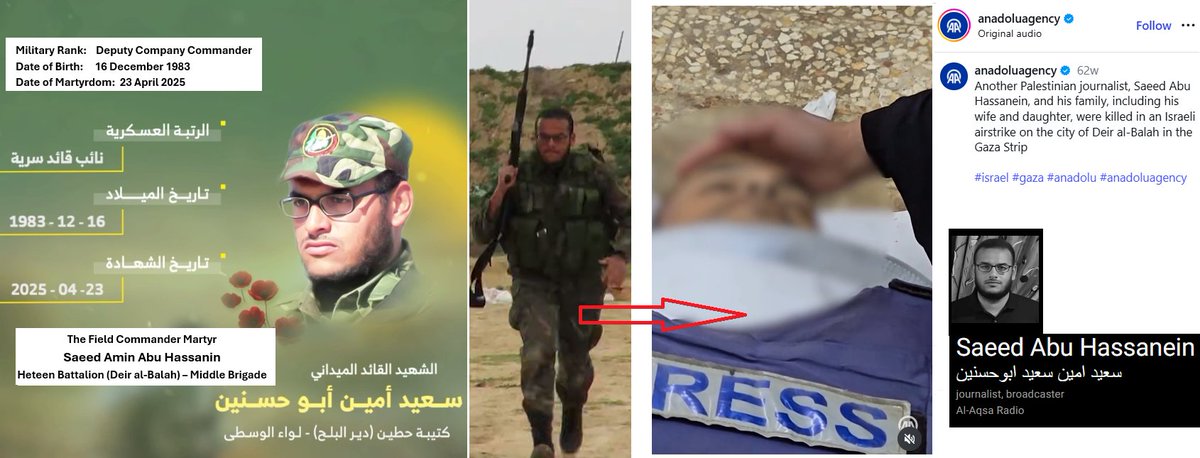 Aizenberg55's tweet photo. FAKE Hamas "journalist" exposed, again. Global media rushed to condemn Israel for killing journalist Saeed Abu Hassanin in Apr 2025. But Hamas admits he was a commander. Everyone in Gaza knew, placing a fake press vest for the funeral, knowing global media would play along. https://t.co/NnlQBv6SAw