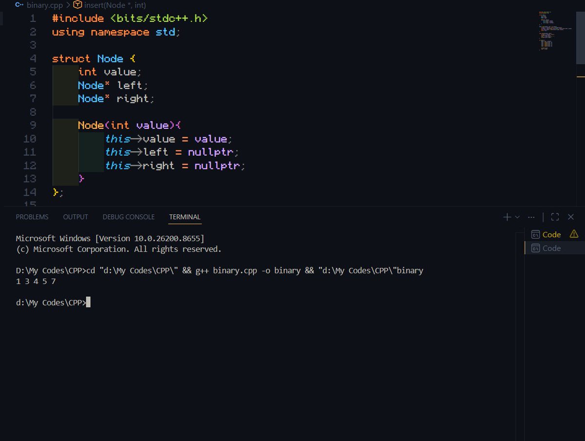 femrox9's tweet photo. #LSPPDay36 Today, I started learning Binary Search Trees in C++ implementing recursive insert, search, height calculation and inorder traversal that naturally prints nodes in sorted order. #LearningWithLeapfrog #60DaysOfLearning2026 @lftechnology https://t.co/48fNc6LE4l