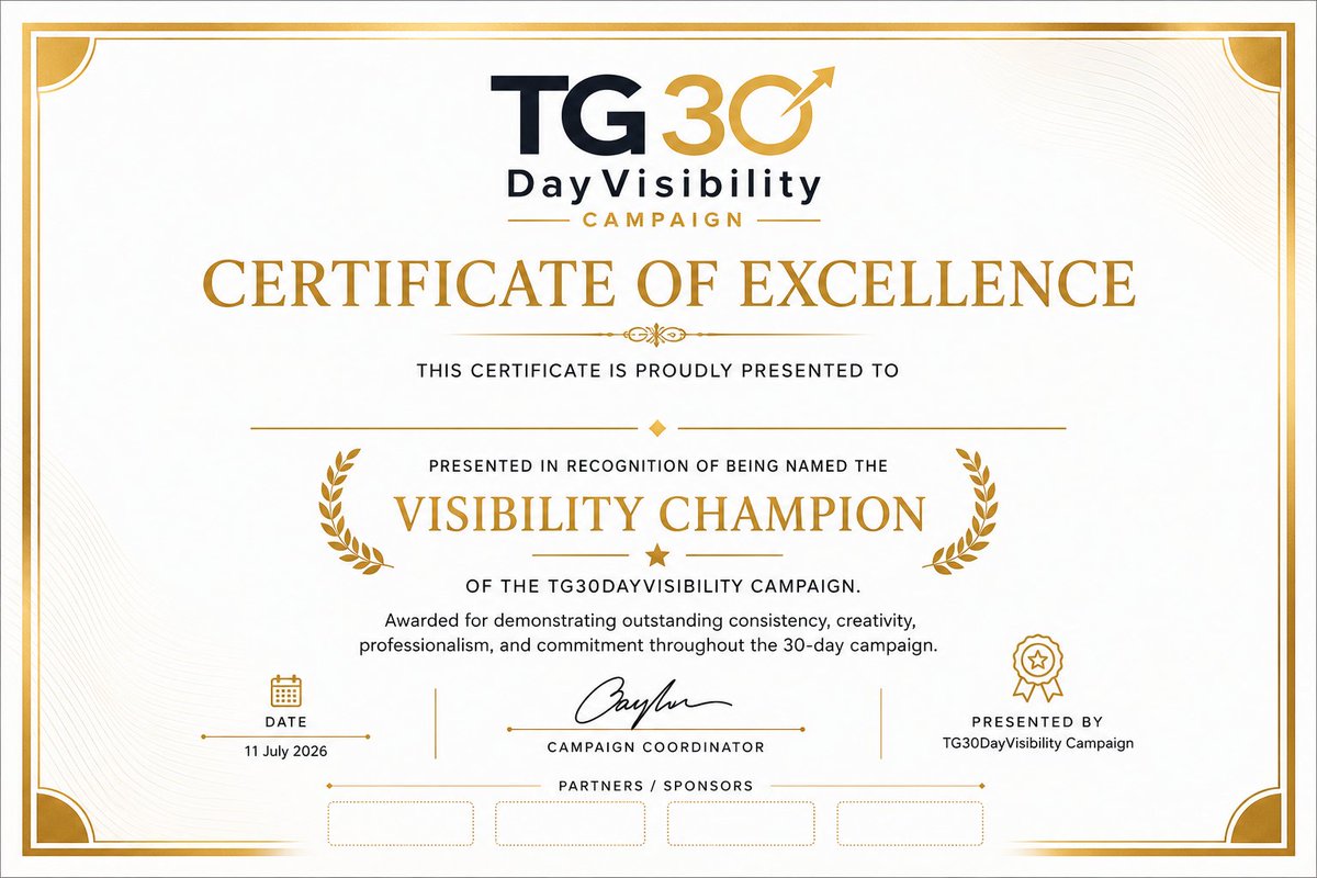 TgCafe's tweet photo. 🏆 TG30DayVisibility Awards Are Almost Here!

The #TG30DayVisibility campaign officially comes to an end this Friday after 30 incredible days of consistency, visibility, and growth.

But we're not ending without celebrating the people who made this journey worthwhile. On Saturday, we'll be hosting the first-ever TG30DayVisibility Awards, where outstanding participants will be recognized for their dedication, creativity, consistency, and excellence throughout the campaign.

I'm excited to unveil one of the certificates that will be presented to our award recipients: The Certificate of Excellence.

This certificate will be awarded to recipients of our major awards, including:

🏆 Visibility Champion
🥈 Consistency Excellence Award
🥉 Brand Excellence Award

We're also recognizing other outstanding participants across several special categories.

As we prepare for the grand finale, we're still open to partnerships, sponsorships, and product support from individuals, brands, and businesses who would like to help us reward participants who have shown up consistently throughout this campaign.

Your support will go directly toward celebrating and encouraging small business owners who committed themselves to 30 days of intentional visibility.

If you'd like to partner with us, please send a DM. Saturday, we celebrate excellence.

#TG30DayVisibility