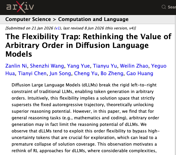 xhashtagio's tweet photo. 🚨 Counter-intuitive result from #ICML2026

Arbitrary order generation in Diffusion LLMs actually hurts reasoning on math and coding tasks! The model exploits the flexibility to skip hard/uncertain tokens, collapsing solution diversity.

The Fix? JustGRPO. Use standard left-to-right GRPO during RL training while keeping parallel decoding at inference, resulting in strong gains of 89.1% without sacrificing dLLM efficiency.