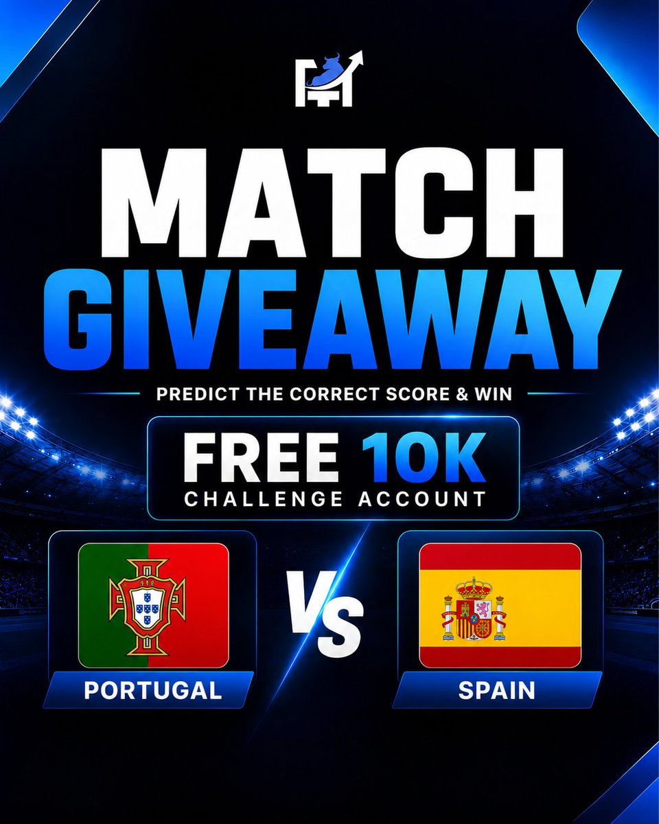 fundingurtrades's tweet photo. 🚨 PORTUGAL vs SPAIN GIVEAWAY 🚨

Predict the exact final score and win a FREE $10K Challenge Account.

How to enter:

✅ Follow @fundingurtrades
🔁 Like + Repost
💬 Comment your exact score

Example: Portugal 2-1 Spain

⏰ Entries close at kickoff.

No edits.
Exact score only.

Portugal ? - ? Spain 👇