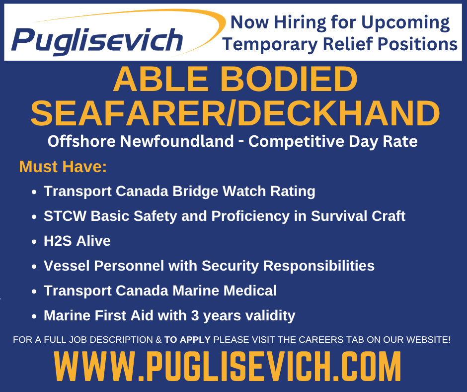 PCSLNL's tweet photo. Now Hiring for Upcoming Temporary Relief Positions
Able Bodied Seafarer/Deckhand
Offshore Newfoundland - Competitive Day Rate

 For a full job description and to apply click the link below:
 https://t.co/eP6hFKy6oA https://t.co/l0bjY7h4yK