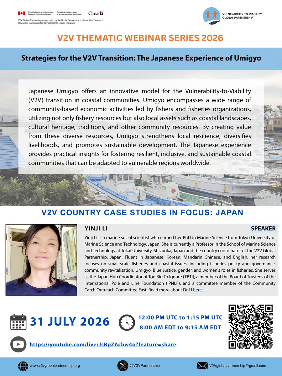 V2VPartnership's tweet photo. SAVE THE DATE! #ThematicWebinar #SSF
📢Strategies for the V2V Transition: The Japanese Experience of Umigyo

🎙️Speaker: Yinji Li 
🗓️ July 31, 2026 (Friday)
⏰12:00 PM to 1:15 PM UTC
▶️https://t.co/wGlrlfH4CB https://t.co/xHyFYifszk