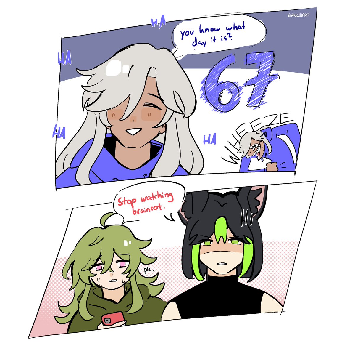 akichiart's tweet photo. Tighnari and Collei can‘t hear Cyno‘s 67 jokes anymore 😭😭 #genshinimpact https://t.co/O67Bmgkipp