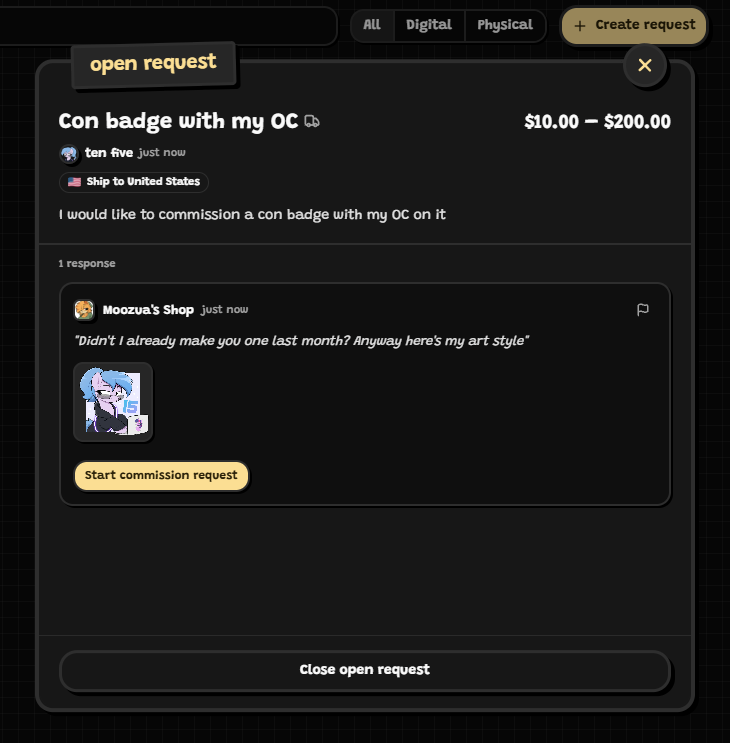 fifteenai's tweet photo. New Artist Alley feature just dropped: Open requests! This was something that was suggested many times over the last month. You can now put up what you'd like to get commissioned, and artists will be able to comment a response to that request. You can then choose to start a commission with an artist that you want to work with. This works for both physical and digital commissions!