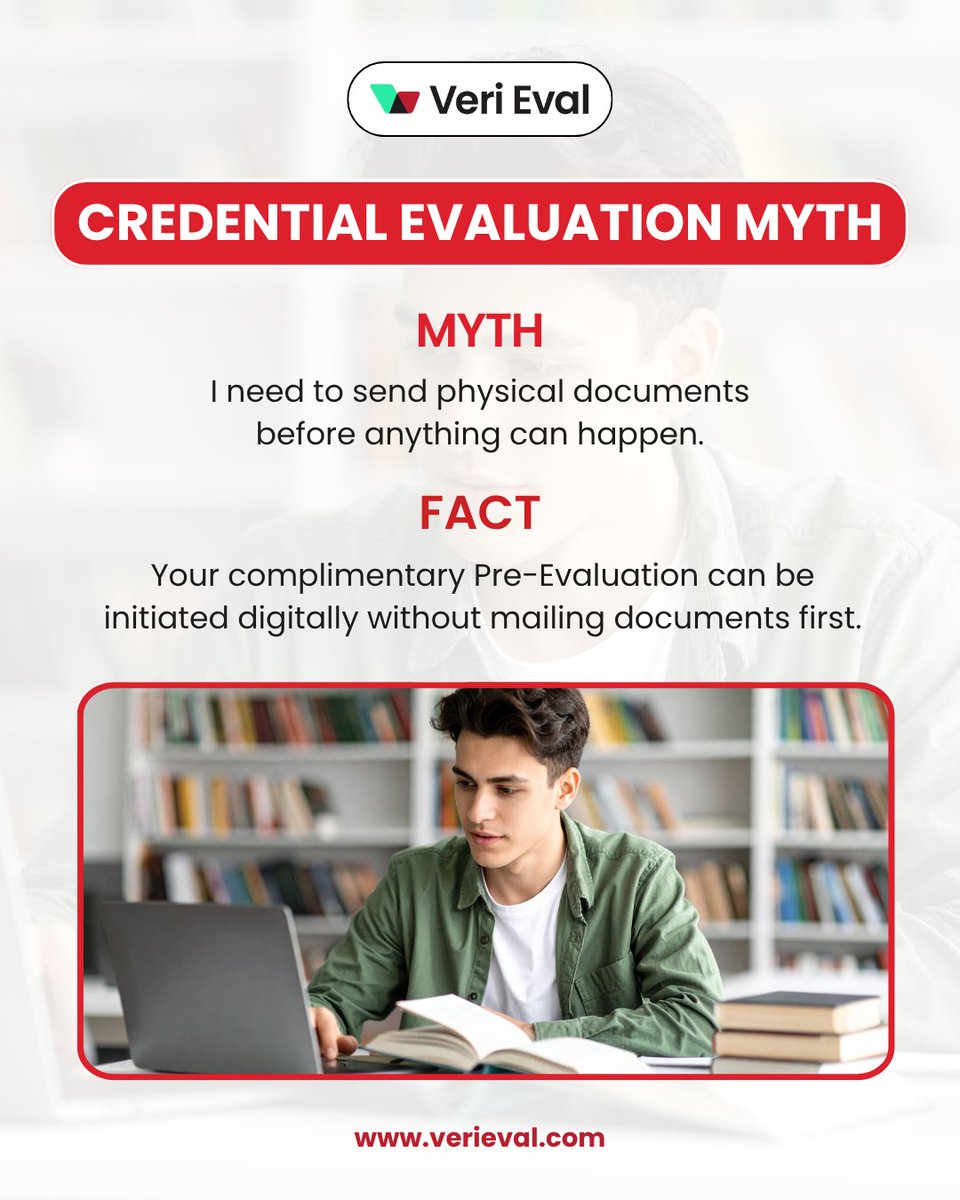 veri_eval's tweet photo. Many people assume the credential evaluation process begins with printing forms, gathering paperwork, and shipping documents across the world. In reality, getting started can be much simpler.

A complimentary Pre-Evaluation can often be initiated digitally, allowing you to receive valuable insights about your credentials before sending physical documents.

This approach saves time, reduces unnecessary costs, and helps you understand your options sooner.

Knowledge is powerful, especially when planning educational, professional, or immigration pathways.

Separating fact from fiction can make the process feel far more manageable and less overwhelming.

Discover an easier way to begin.
Visit https://t.co/t79dP0nVw3 and start your complimentary Pre-Evaluation today.

#credentialevaluation #credentialmyths #internationalstudents #educationabroad #credentialassessment #studyabroadjourney #academiccredentials #highereducation #globaleducation #documentevaluation #studentsuccess #educationplanning #careerdevelopment #foreigncredentials #digitalsolutions #verieval