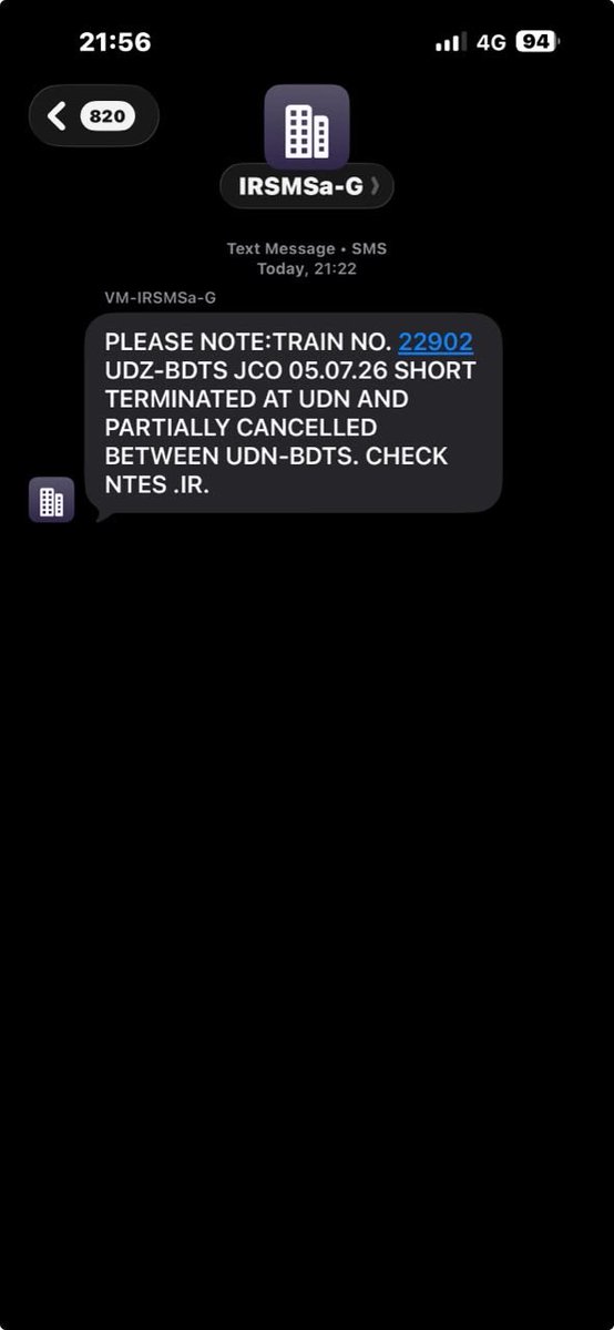 Tycoon231's tweet photo. Since 11am train hasn’t moved from 8km before surat. At 10pm we get a message from irctc that the train is terminated at udhna junction. Rajdhani 12952 was stuck in same route and has moved since path from Vasai clear @AshwiniVaishnaw @RailMinIndia @IRCTCofficial @RailwaySeva https://t.co/WUZNWlKi2G