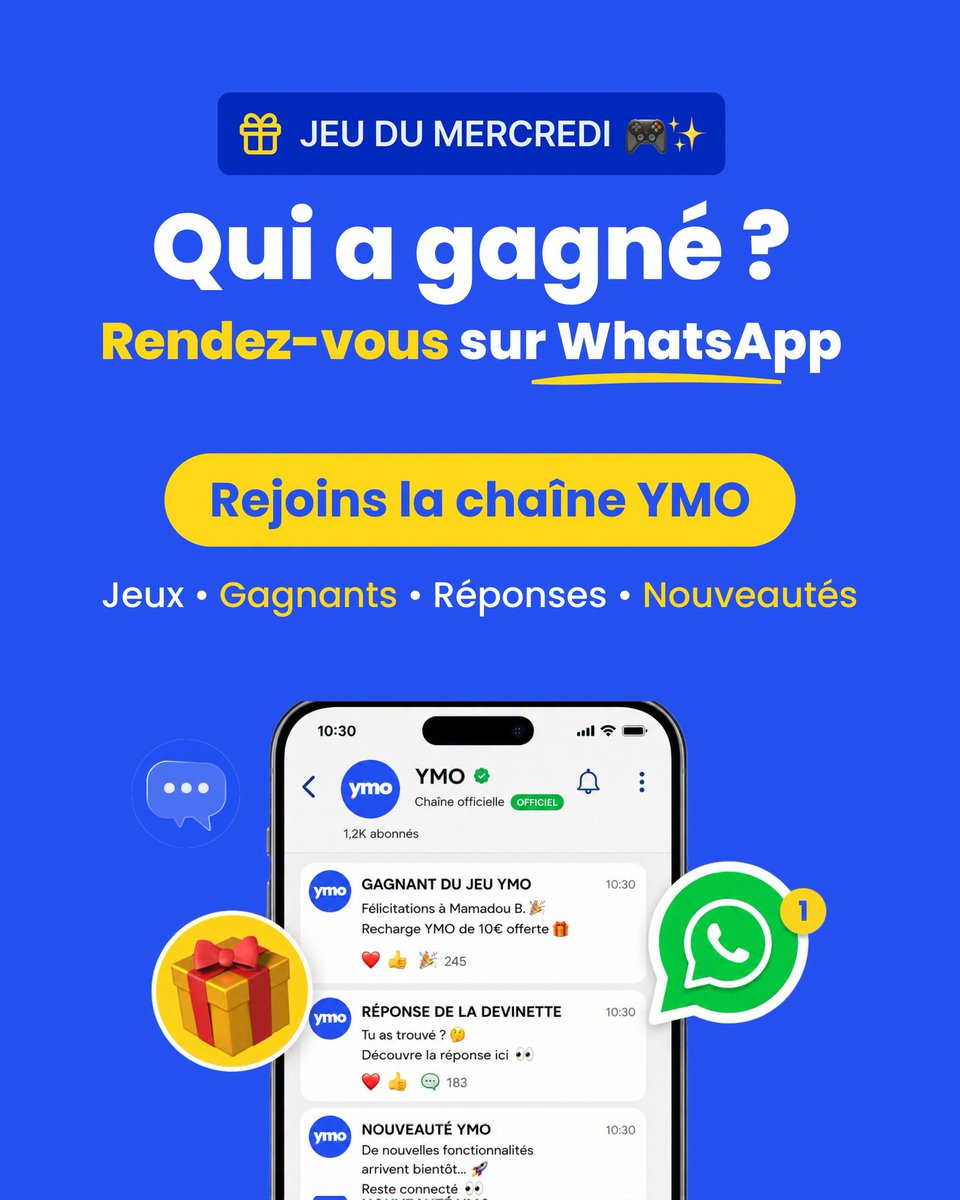 YmoGuinee's tweet photo. Réponse Jeu du mercredi 🎮 

As-tu participé à notre Jeu attrape le transfert ? ⚡️

Rejoins-nous sur la chaîne Whatsapp de YMO et découvre qui a gagné 10€ en Pass YMO ! 🎊 

Cette personne va pouvoir offrir 10€ en Pass YMO à la personne de son choix ! 🎁💝

🙏 Merci à tous https://t.co/vVzQD5LAsj