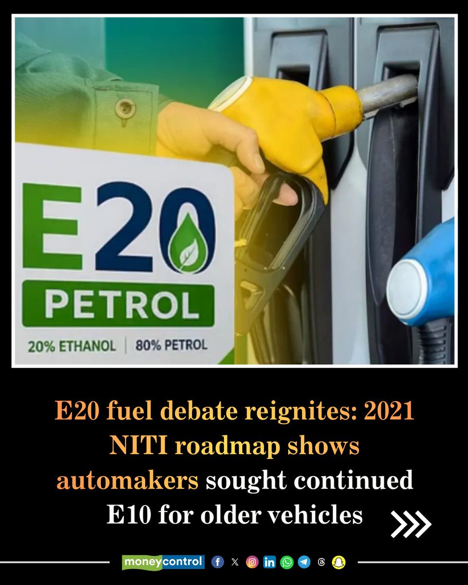 moneycontrolcom's tweet photo. #Explained | A 2021 NITI Aayog roadmap on ethanol blending has resurfaced amid the debate over E20 petrol, revealing that the Society of Indian Automobile Manufacturers (SIAM) had recommended retaining E10 petrol alongside E20 for older vehicles.

During stakeholder consultations, SIAM cautioned that phasing out E10 could lead to vehicle compatibility, fuel-efficiency, drivability and safety concerns for existing vehicles not designed for higher ethanol blends. The recommendation has gained fresh attention after the Centre rejected claims that E20 causes widespread engine damage, maintaining that the fuel is safe and has undergone extensive testing.

India has accelerated its ethanol-blending programme to reduce crude oil imports, lower emissions and support domestic biofuel production. While newer vehicles are increasingly being engineered for E20 compatibility, the discussion over how older vehicles perform on higher ethanol blends continues to fuel debate among manufacturers, dealers and consumers.

#E20 #Petrol #Automobile #Ethanol #NITIAayog #SIAM #Explained #Moneycontrol