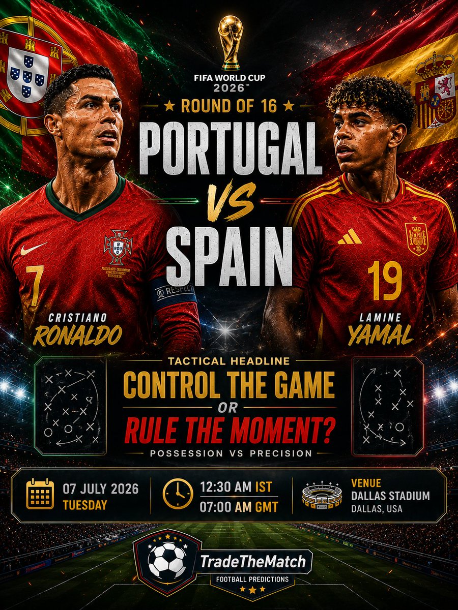 TradeTheMatch's tweet photo. Control the game or rule the moment? 🧠 Portugal vs. Spain is the ultimate Round of 16 tactical battle. I’ve finalized my data and projection. It’s going to be absolute chaos on the pitch! 🇵🇹🇪🇸

Who advances? Drop your scoreline below! 👇 

#FIFAWorldCup #PORESP https://t.co/jKOnv31Weq