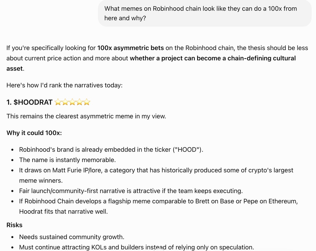 sxrceror's tweet photo. I asked ChatGPT what memes on Robinhood chain can do a 100x from here and why.

Here was the response. https://t.co/pXBGViSHP0