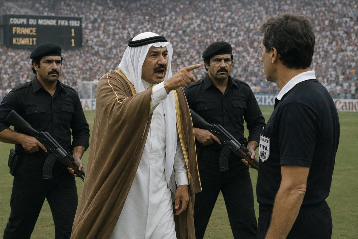 zzvkk's tweet photo. @afshineemrani 1982 FIFA World Cup, Sheikh Fahad Al-Ahmad entered the field with his security personnel to protest a referee’s decision, and the referee ultimately disallowed France’s goal. Eight years later, in 1990, Sheikh Fahad was killed by Iraqi forces during Iraq’s invasion of Kuwait https://t.co/0nfkG3u34Q