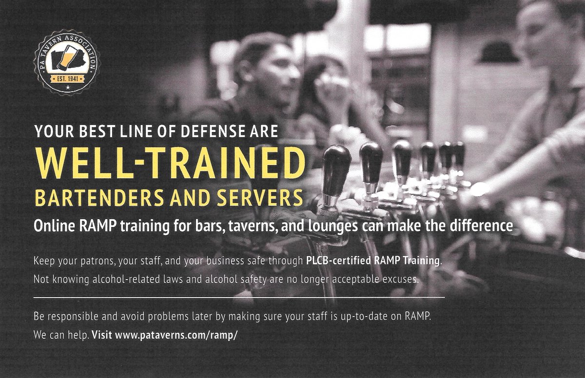 TavernPa's tweet photo. Members ... your staff can get online RAMP training discounted to only $15. Learn more https://t.co/joXXQlljbM #PaTaverns #PaRestaurants #Pennsylvania #Bars #Taverns #Restaurants https://t.co/f8AzBopgDb