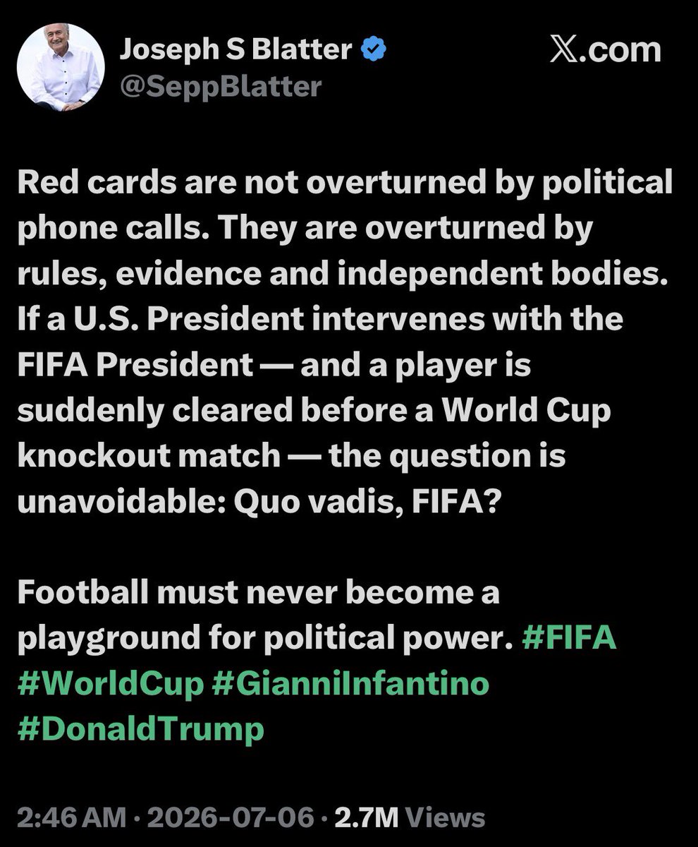 ChidiNwatu's tweet photo. @fifamedia @FIFAcom @FIFAWorldCup Imagine Sepp Blatter calling you out for corruption. Save what’s left of this beautiful game and just resign. https://t.co/jOdGFgYzZF
