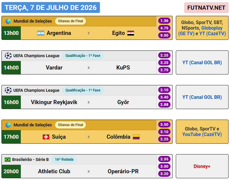 futnatv's tweet photo. A programação do futebol nesta terça (7/7/2026) https://t.co/0fKqDxwSBB