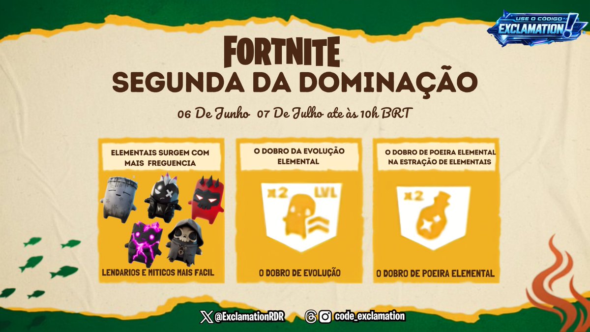 ExclamationRDR's tweet photo. 🚨 SEGUNDA DA DOMINAÇÃO: BÔNUS NO #Fortnite! ⚡🔥

Aproveite até amanhã (07/07) às 10h BRT:

• Elementais Lendários/Míticos mais fáceis de achar.
• Evolução de Elementais 2x mais rápida.
• 2x mais Poeira Elemental na extração.

Bora dominar? 👇

Code: EXCLAMATION https://t.co/QrOidszyeZ