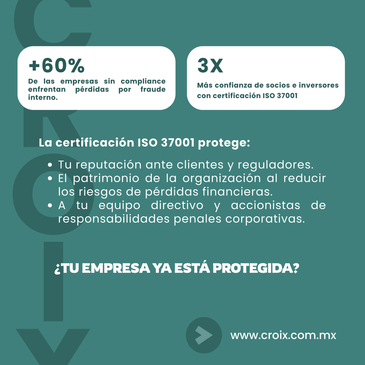 CroixAIN's tweet photo. Contar con un Sistema de Gestión Antisoborno ya no es una ventaja competitiva, sino una necesidad estratégica.
En Croix ayudamos a las organizaciones a transformar el cumplimiento en un sistema para generar confianza, fortalecer la gobernanza y proteger el valor de la empresa. https://t.co/6BHVq0gi31