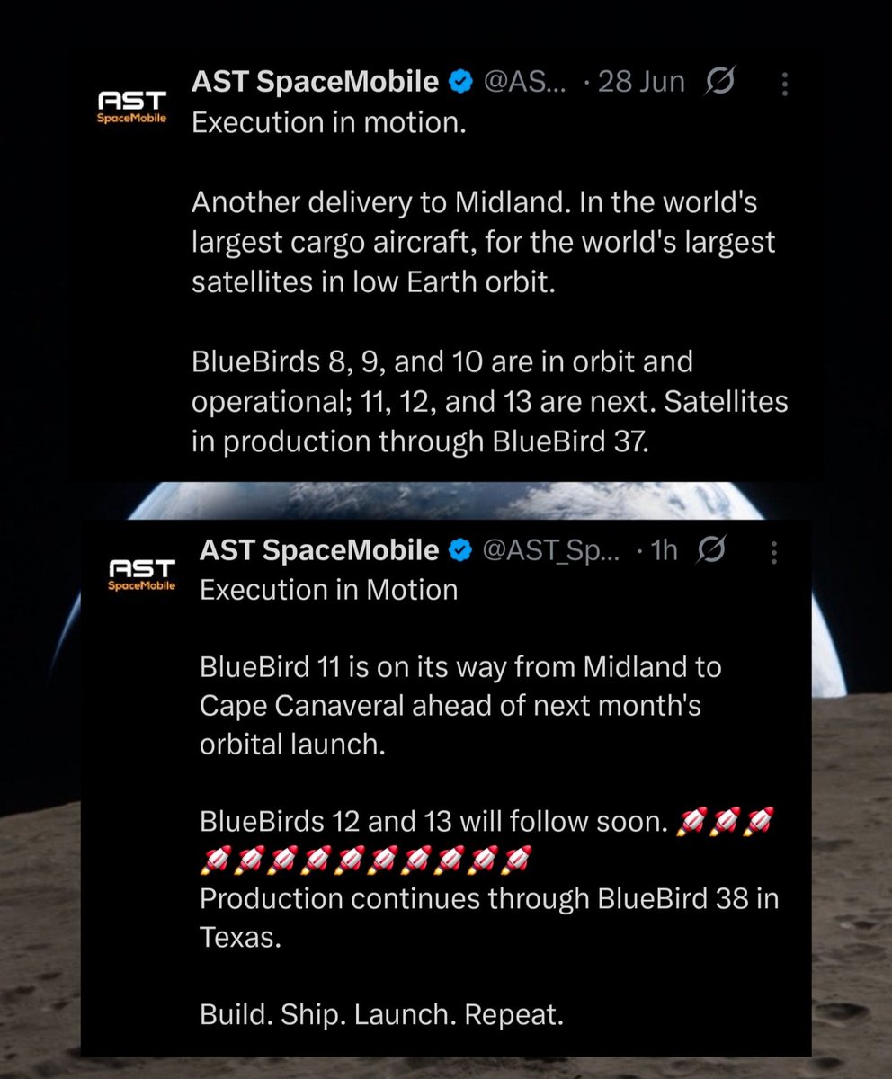 peterlindmark's tweet photo. $ASTS Eight days ago, we were at BlueBird 37. Today, we’re already at BlueBird 38. We’ll hit BlueBird 45 before you know it. https://t.co/P0QMpfMQQm