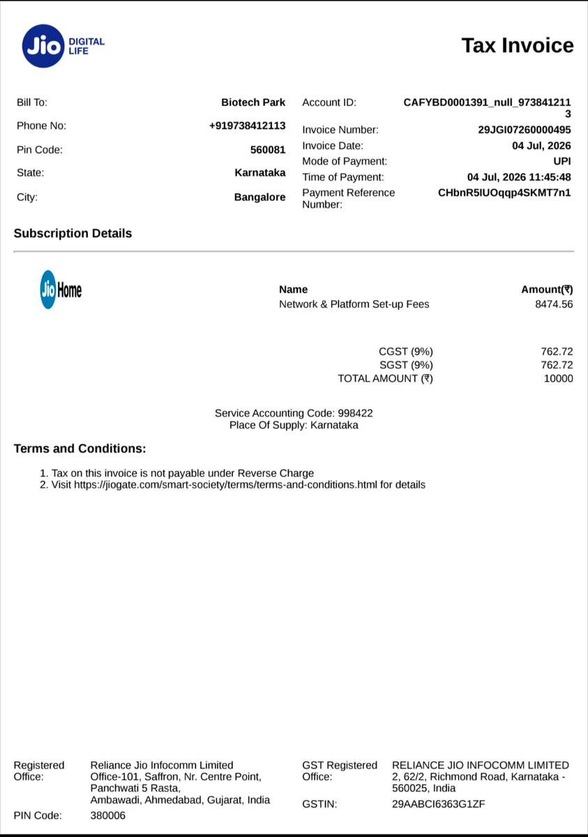 RK_Manju's tweet photo. @JioCare It's been several days since I paid for a Jio Home connection on 2nd Jul, and the order hasn't even been created yet. I've been following up repeatedly, but there's been no progress. If U cannot process the req, communicate the reason instead of keeping customers waiting https://t.co/xi0grutfK3