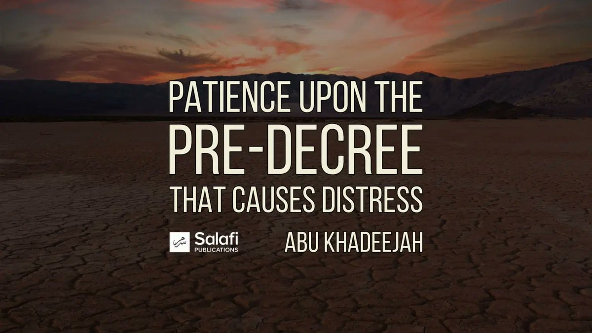 SalafiPubs's tweet photo. 🔊 Patience Upon The Pre-Decree That Causes Distress

🎙️ Sh @AbuKhadeejahSP ḥāfidhahullāh

▶️ https://t.co/vb6dk6XZSu

– {No calamity befalls, but with the Leave [i.e. decision and Qadar (Divine Preordainments)] of Allah, and whosoever believes in Allah, He guides his heart [to the true Faith with certainty, i.e. what has befallen him was already written for him by Allah from the Qadar (Divine Preordainments)], and Allah is the All-Knower of everything} [Surah At-Taghabun (64): 11]
– The believer knows that the calamity is from Allah and He guides his heart.
– The two types of people who have traits of kufr.
– Ahadīth showing how Allah trials a person and hastens the punishment in this world instead of punishment in the hereafter.
– The greatness of reward is in accordance to the greatness of trial.
– Having patience in Allah’s decree is a sign of a person having iman in Allah.
– Decrees are divided into two categories​.
– {No calamity befalls on the earth or in yourselves but is inscribed in the Book of Decrees (Al-Lauh Al-Mahfuz), before We bring it into existence. Verily, that is easy for Allāh} [Surah Al-Hadid (57):22]
– The statement of the believer during calamities: All praise is due to Allah in every condition.
– Ahādith showing when the decrees were written and the correct understanding of decrees.
– The believer is pleased with the decree of Allah, even if it is painful.
– The calamities that are due to our own disobedience – major sins and the continuous minor sins.
– How we can wipe out the major sins and minor sins.
– Types of Major sins.
– Not permissible to use pre-decree as an excuse for sinning – rather we are commanded to worship and obey Allah.
– Be patient with the calamities that occur due to pre-decree.
– Repent to Allah due to calamities that occur due to your disobedience and sin.
– Being patient upon the loss of a child and the rewards that will be received.