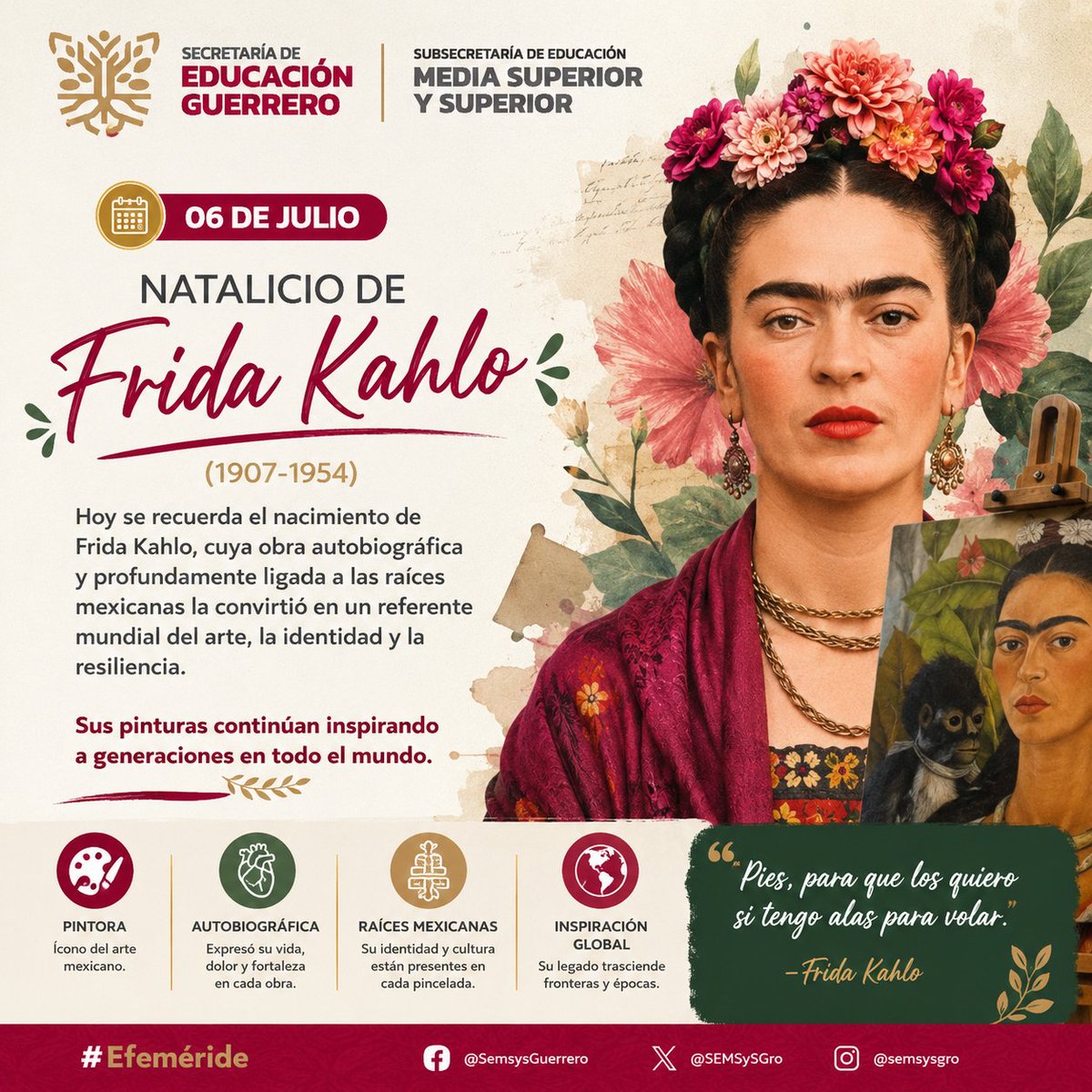 Stymphaliaj6oa's tweet photo. Celebramos el natalicio de Frida Kahlo, artista mexicana cuya obra popular y autobiográfica sigue inspirando al mundo. Su legado es orgullo de nuestra cultura. 🎨🇲🇽

#FridaKahlo #CulturaMexicana #Educación #SEMSyS https://t.co/hKTpZ1dRzR