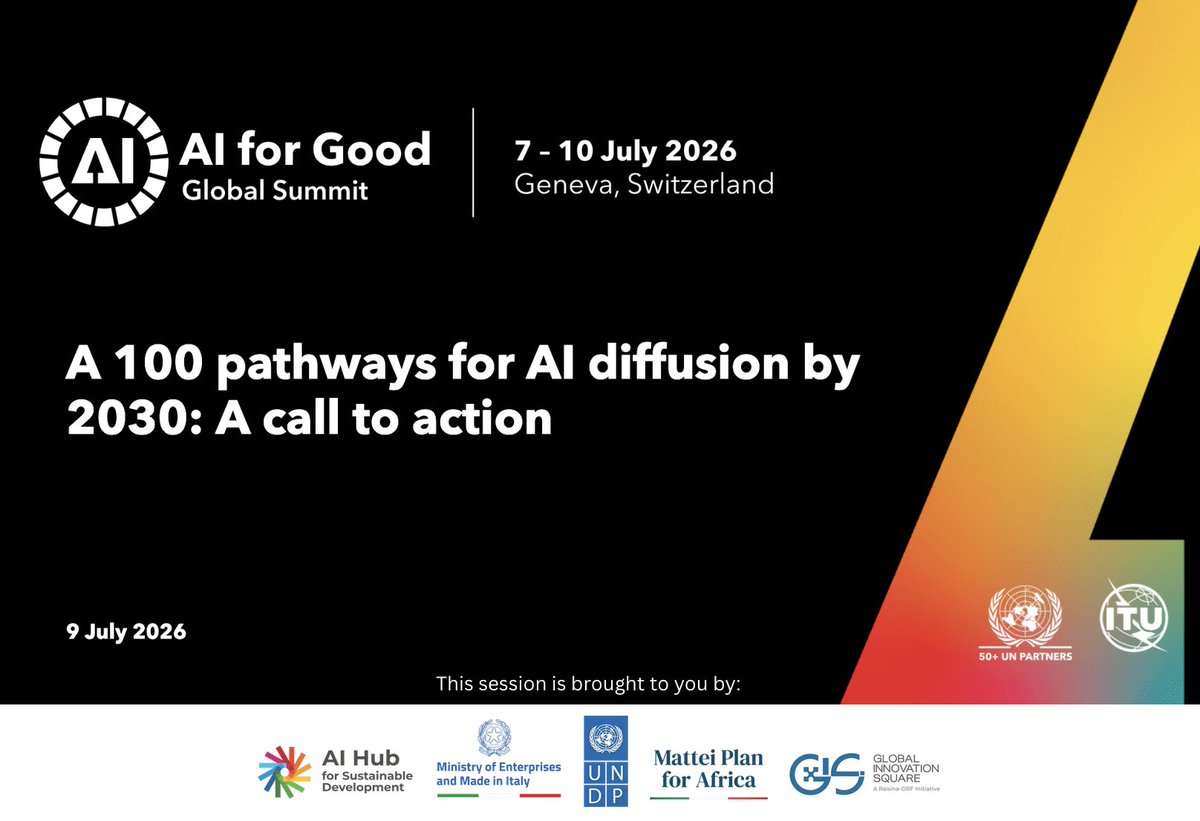 UNDPDigital's tweet photo. AI adoption thrives when solutions can be replicated, adapted, deployed anywhere.
#100AIPathways are proven AI solutions, ready for next deployer.
Join us📍Solutions Stage 🗓 9 July | 🕦 11:30 CEST | Geneva
🔗https://t.co/rRjUl69Lia

#AIHub4SD #AIforGood #100AIPathways #AI4Africa https://t.co/6X6QfGNMpN